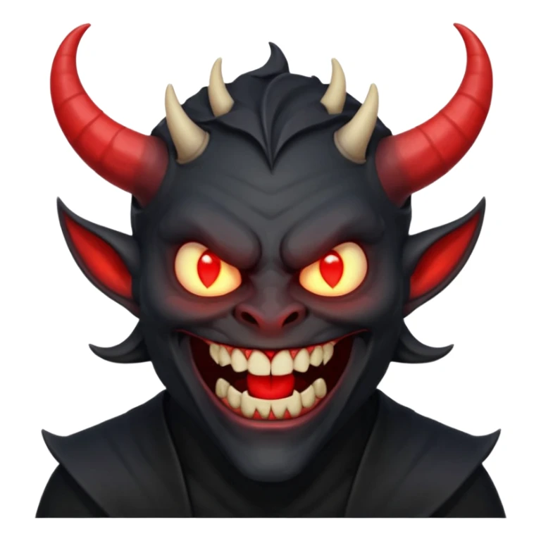 “Scary demon emoji, evil human-like laugh, black clothes, big curved horns, glowing red eyes, upper body visible till chest, dark mood, high detail, emoji style, clean background” sticker