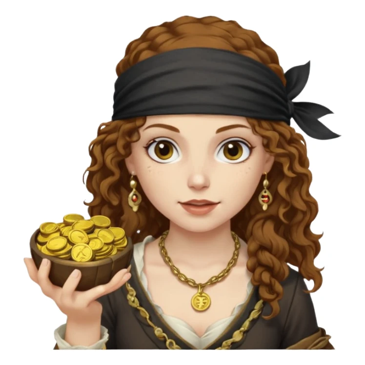 Lady Pirate With holding Coins, curly hair. sticker