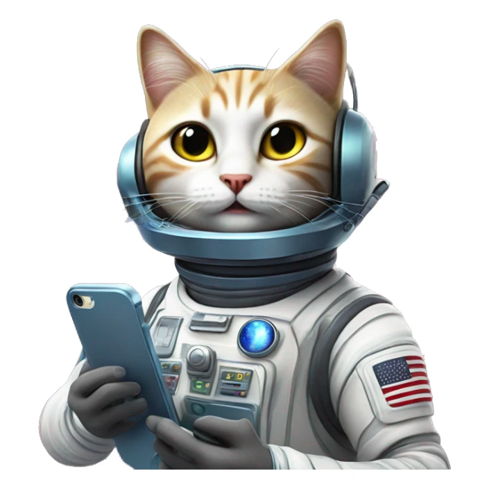 a space cat making a call with a cellphone, it wears space laser powered helmet and fancy space accessories  sticker