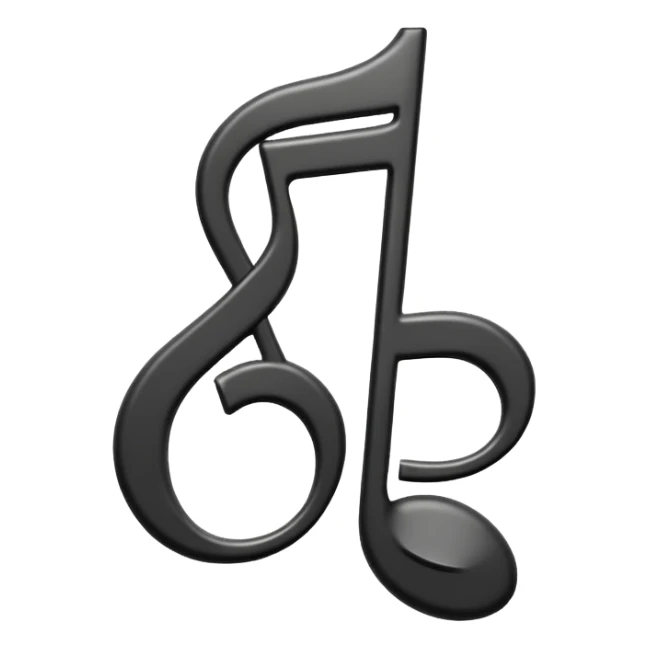 single musical note emoji, deep matte black metal material, smooth rounded geometry sticker