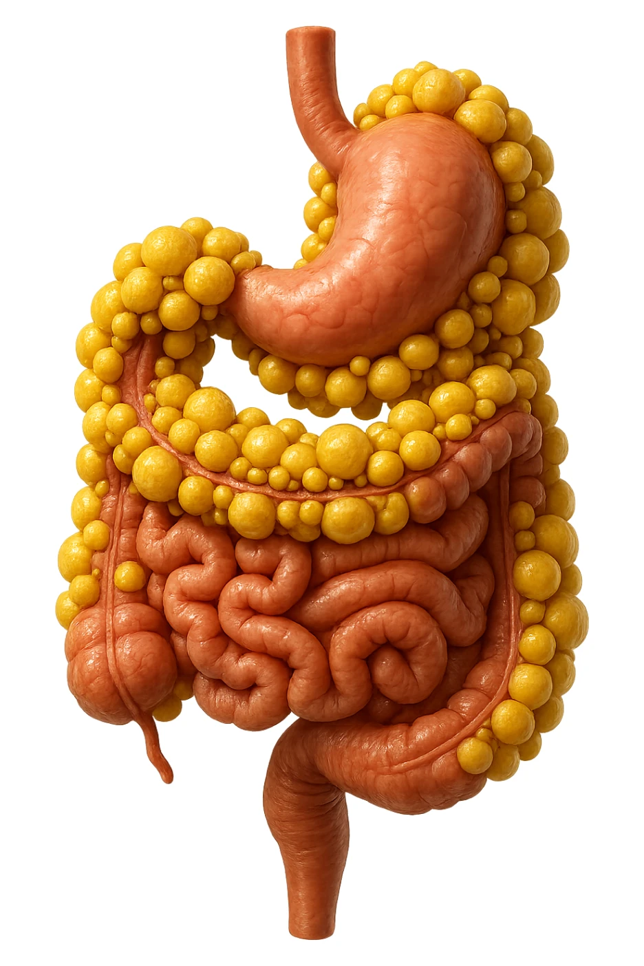 STOMACO E INTESTINO SONO VERTICALMENTE COLLEGATI E INTORNO A QUESTI ORGANI CI SONO CELLULE DI GRASSO GIALLE ATTACCATE SOPRA A GRAPPOLI, IPERREALISTICO 4K sticker