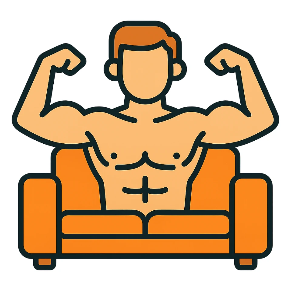 Make the muscular man shirtless, sitting on a couch, keep the color outline icon style, with no background. sticker