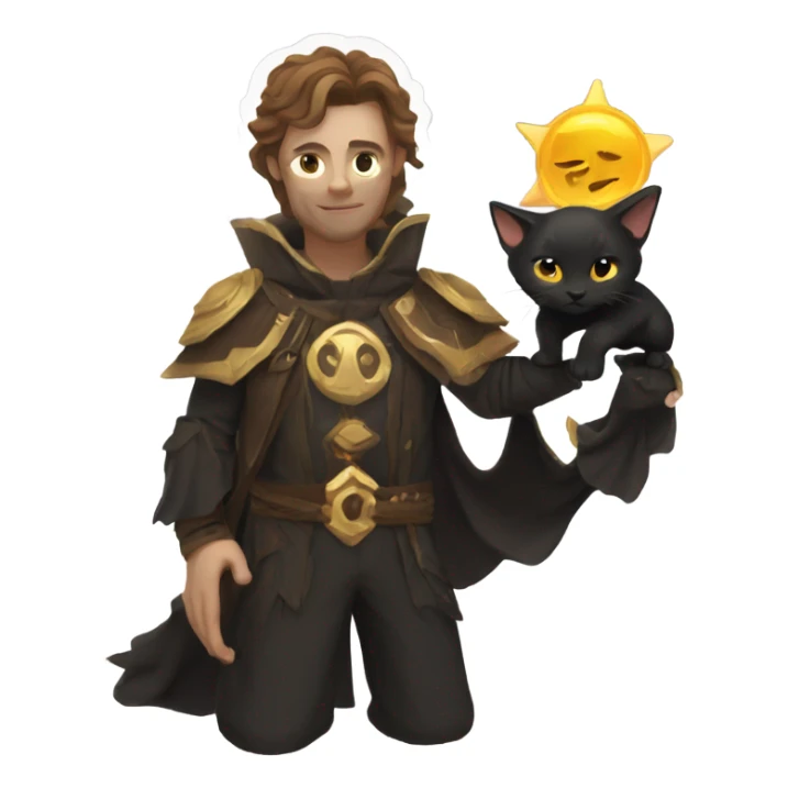 A sun warlock who is pale with brown hair and is holding a black kitten sticker