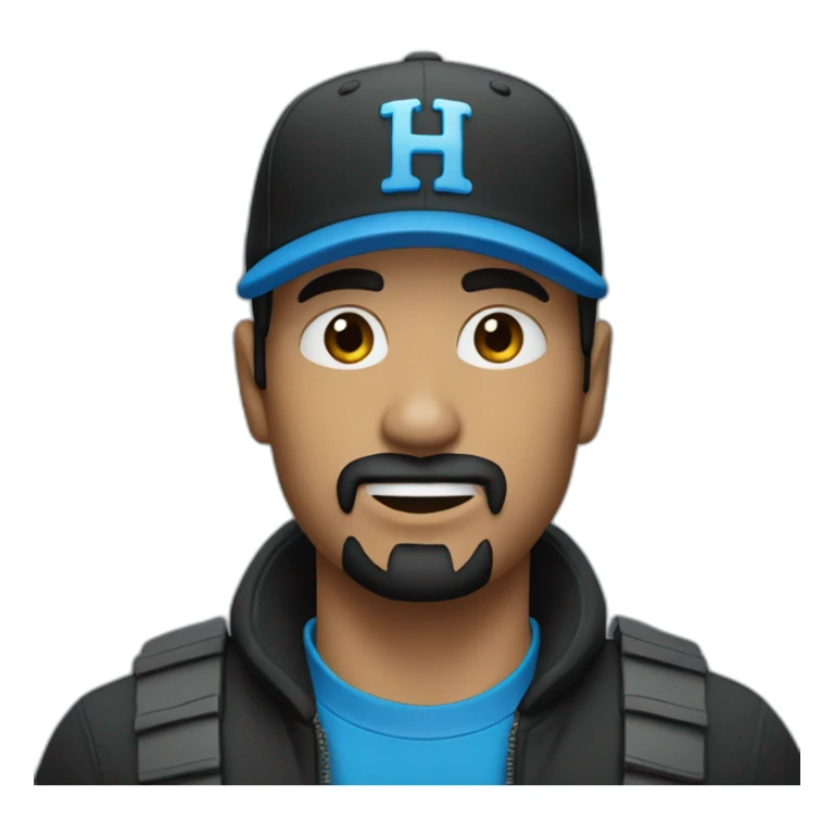 Black haired man with goatee, no mustache, black cap with blue H logo sticker