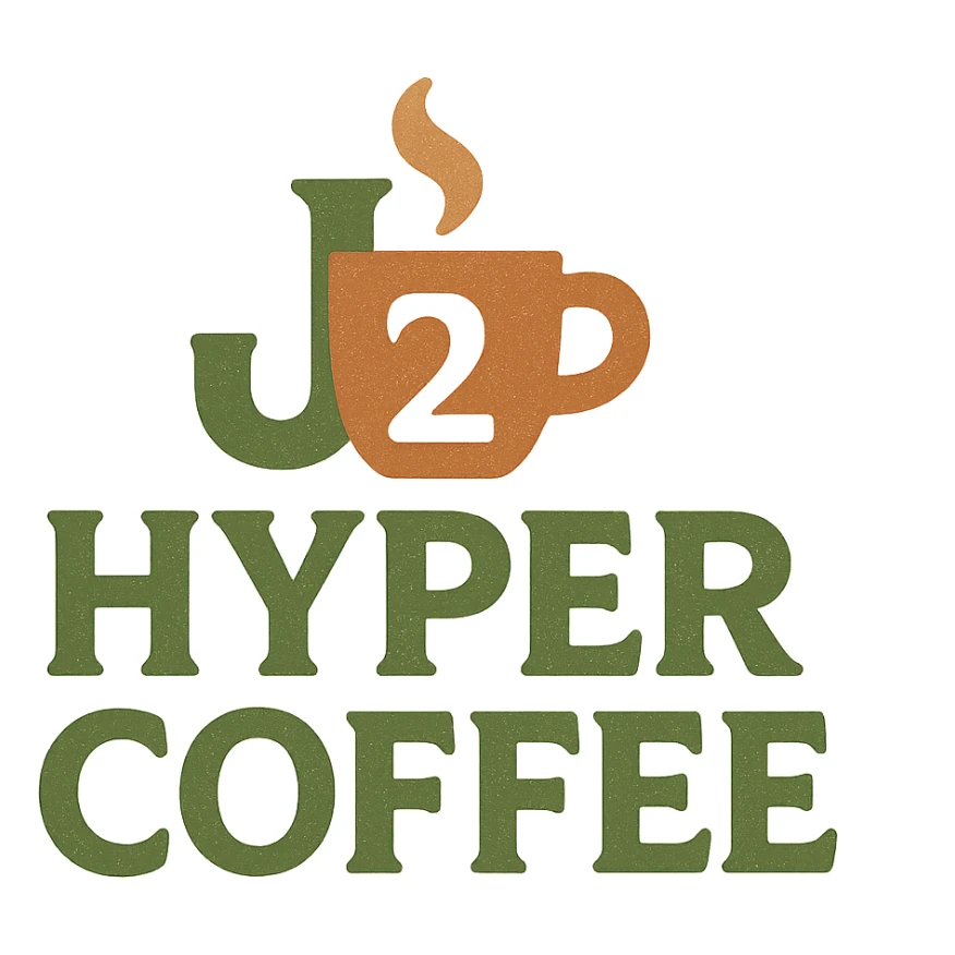 modern logo for j2_hyper_coffee with unique typography and coffee symbol, suitable for coffee shop brand sticker