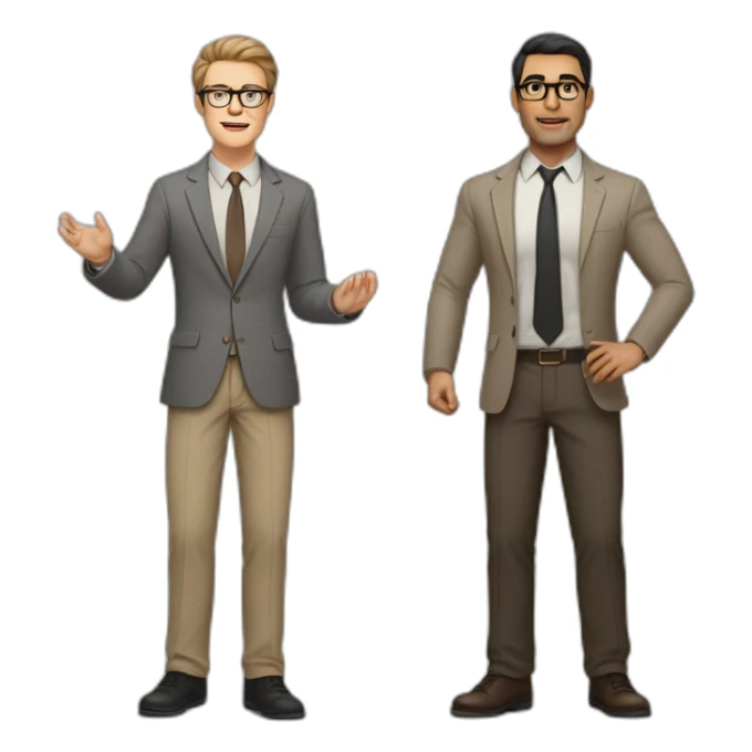 Full height Actively gesturing with hands Pale skinned black fit man with dark brown hair in gray jacket, beige office shirt, brown tie, brown pants and vintage glasses. sticker