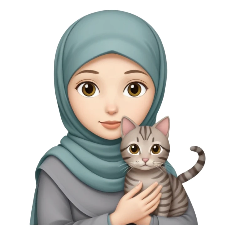 White girl wearing hijab holding a grey and tabby cat sticker