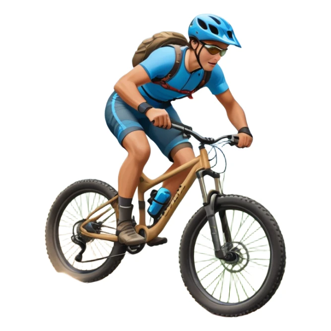 An icon featuring a mountain bike with thick tires on a rugged trail. A cyclist in a helmet rides downhill, kicking up dust. The background showcases a breathtaking mountain landscape with green slopes, rocky peaks, and a bright blue sky. Transparent background emphasizes adventure and speed sticker