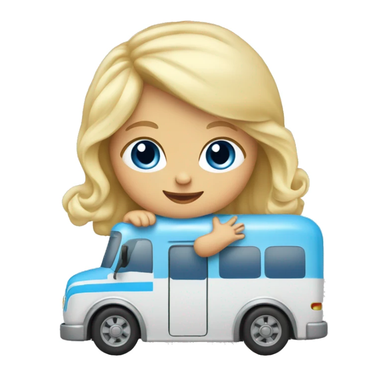 Blonde blue eyes baby playing with small toy bus sticker