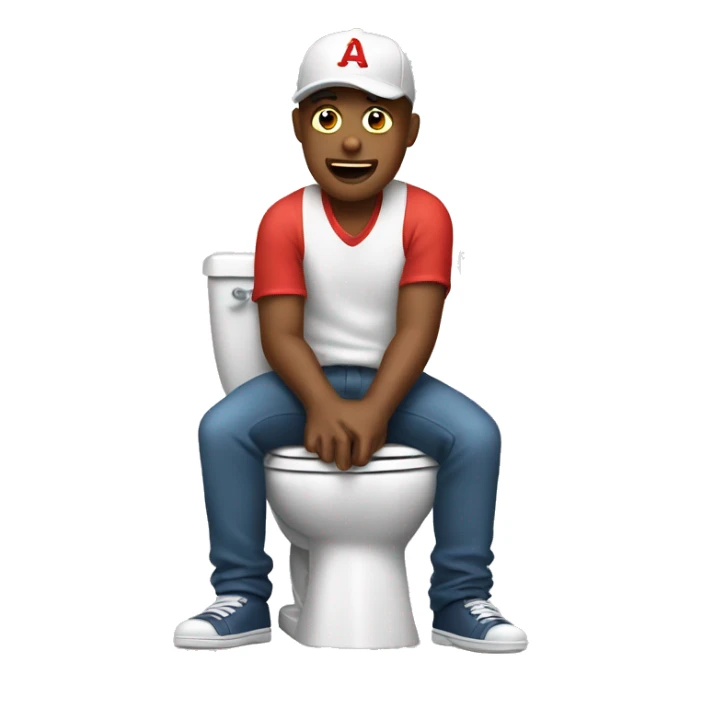 Man sitting on the toilet wearing a backwards baseball hat sticker