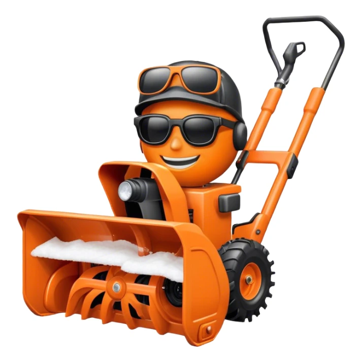 Orange snowblower with face, sunglasses and a smile sticker