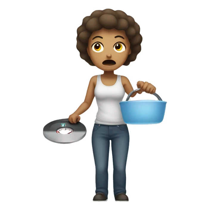 angry woman holding a bathroom scale sticker