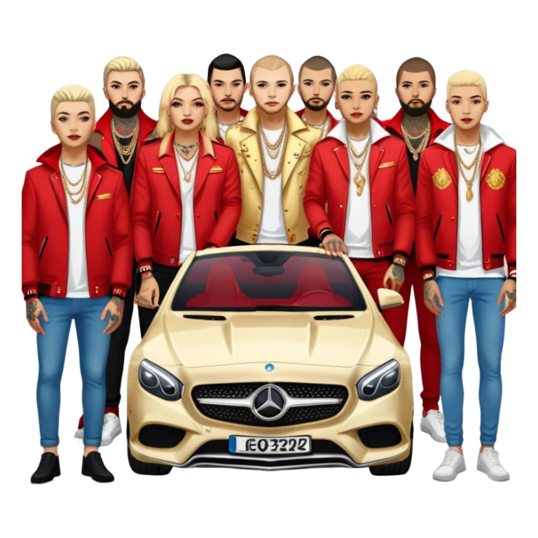 Icon for Chanson: Russian chanson singers with tattoos, red jackets, and gold chains, standing in front of a Mercedes. The design should capture the bold and stylish essence of the genre with a vibrant, urban background. Transparent background. sticker