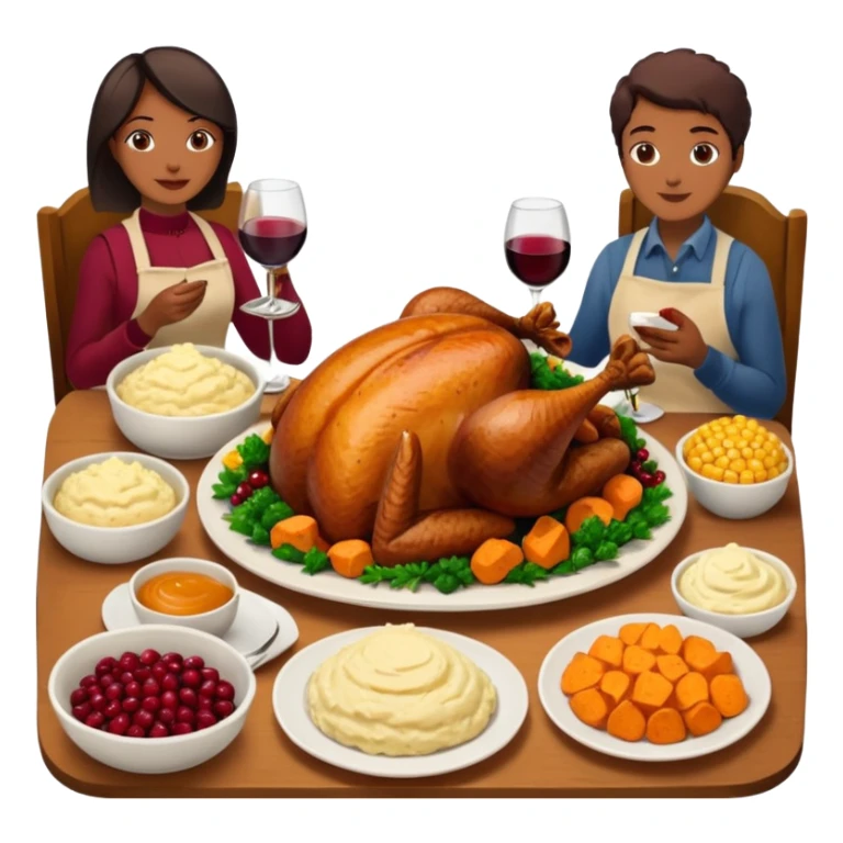 Thanksgiving Dinner with 6 friends of all different races around the table; have the food be a cooked turkey, mashed potatoes, corn, a basket of biscuits, a small bowl of cranberry sauce, baked yams, steamed vegetables, and a bottle of wine. sticker