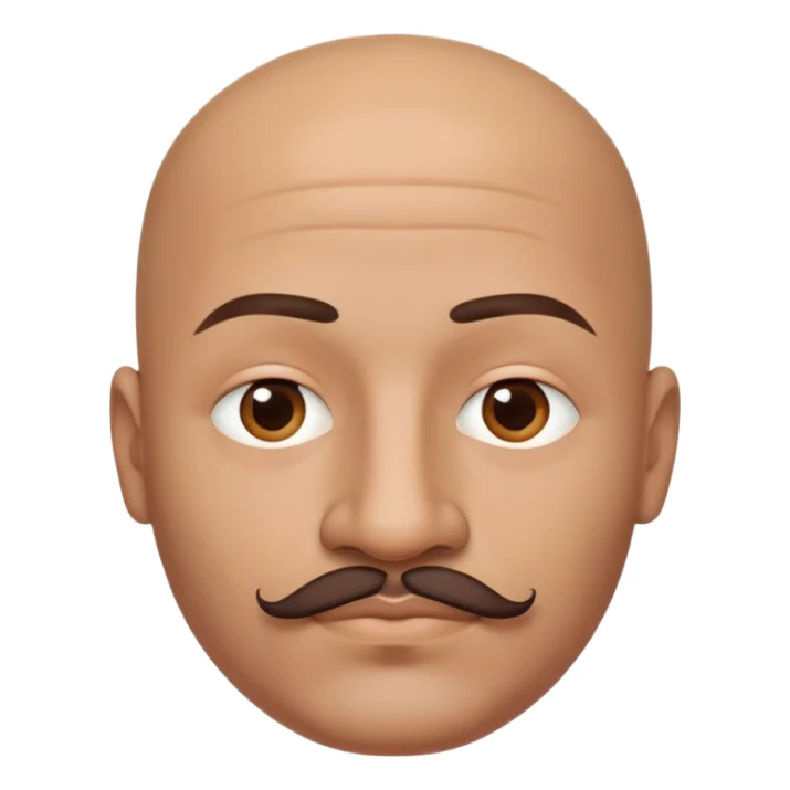Bald man with oval smooth head, indigenous facial features, 37 years old, with only a mustache and contour from chin to lips, memoji style sticker