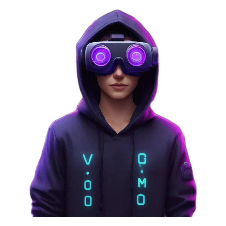 Alekséi Vorobiov wearing a black hoodie with "OMG" letters on it and VR headset in a cyberpunk VR environment with violet neon lighting. sticker