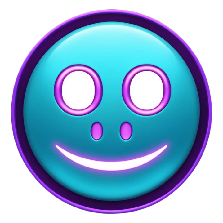 futuristic minimalistic emoji icon, letters "G" formed by three glowing digital lines representing Storm, Atom and NoizeGames, neon purple (#8B5CF6) and cyan (#00E0FF) on dark background, modern tech style, 1:1 aspect ratio sticker
