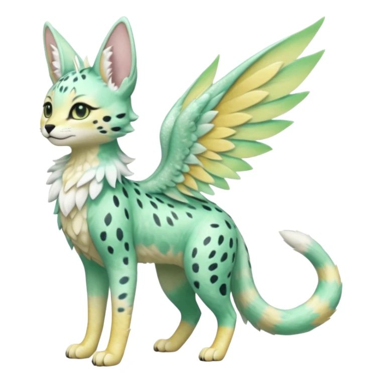 Epic complex detailed pastel minty green, pastel beige yellow pastel realistic aesthetic-scenic-Fakémon-Sprigatito-Floragato-Trico-Sergal-Serval-Vernid-creature (full body) with far wings, shiny sparkly fairycore theme  sticker