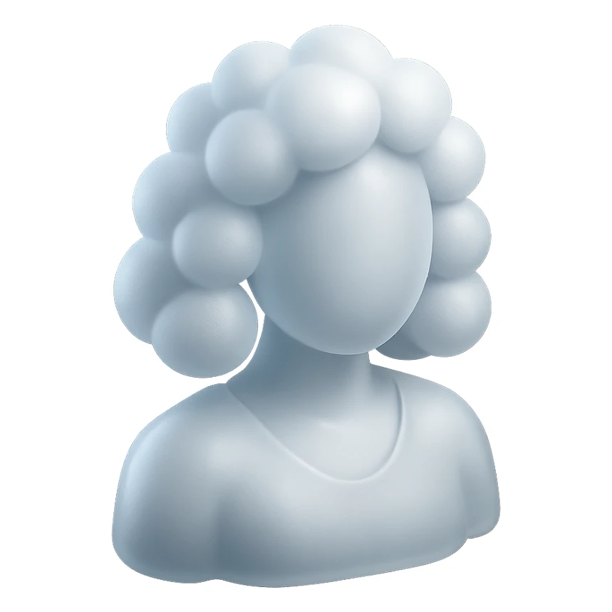 person, facing straight, fully composed of white fluffy convex clouds, shoulder length, no shadows, matte glass style sticker