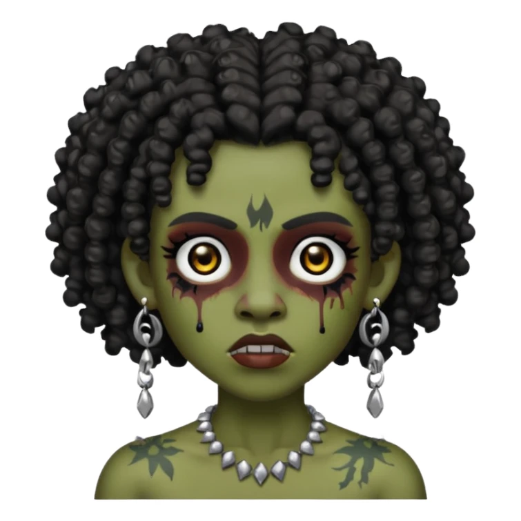 Zumbi with black and curly hair, studded earrings on both ears, black eye sticker