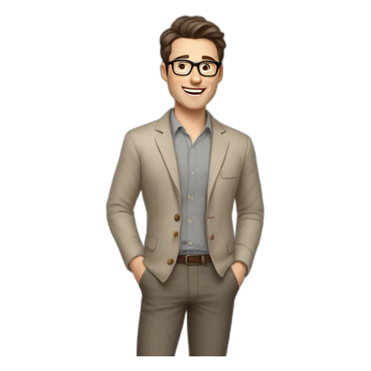 Joyful Pale skinned Fit Man With dark brown hair in gray jacket, beige office shirt, Brown pants and vintage glasses. His thrumbs up sticker
