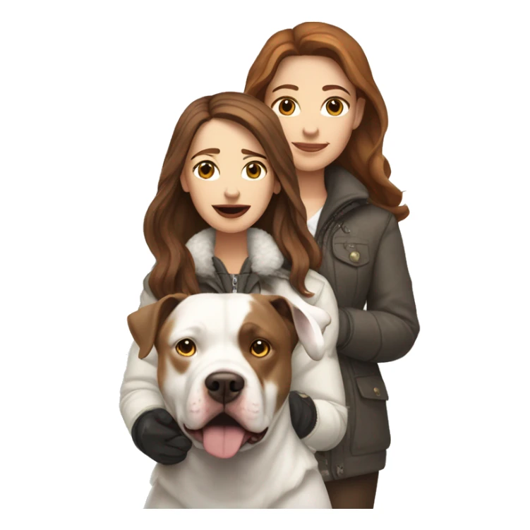 white woman with long brown hair in a furry jacket standing alongside a white pitbull with a brown patch around his eye sticker