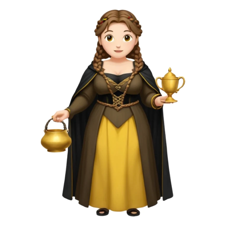 Helga Hufflepuff,brown-haired,2 braids,yellow-black medieval open dress,deep neckline,fat macromastia,black cloak decorated with gold braiding,gold cup with two handles,very kind smile,curvy busty sweet woman,round rosy cheeks,full length with medieval shoes sticker