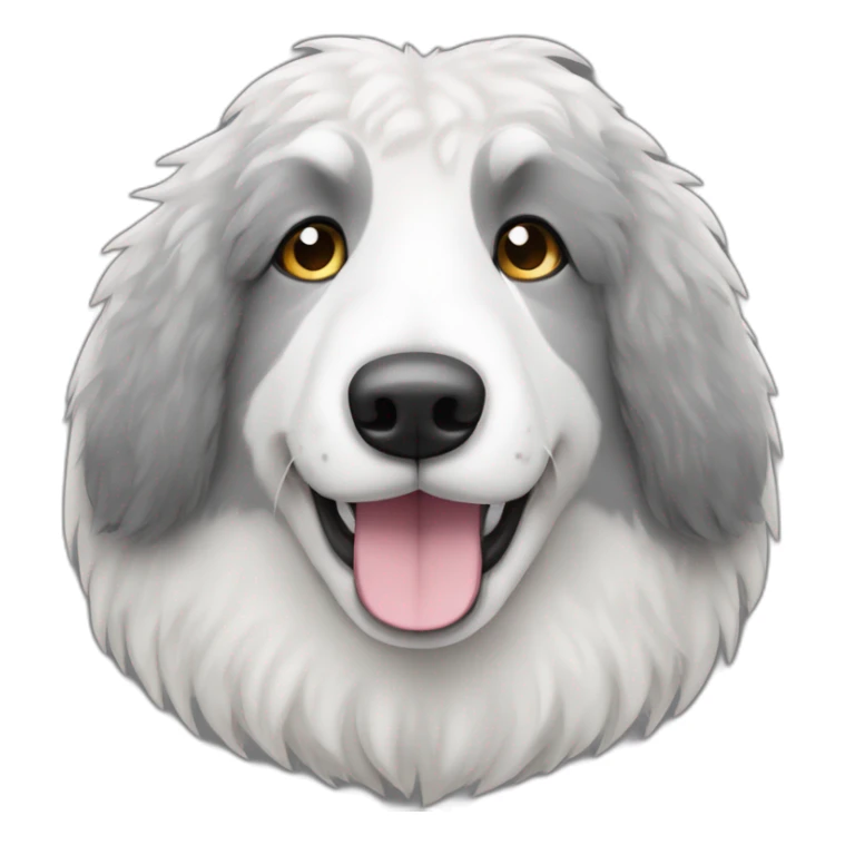 primarily grey and sometimes white flully sheepdog with black eyes that are partially covered by fur sticker