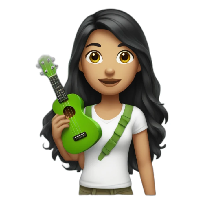 black-long-haired-fair-skin-girl-with-white-tshirt-and-green-ukulele sticker