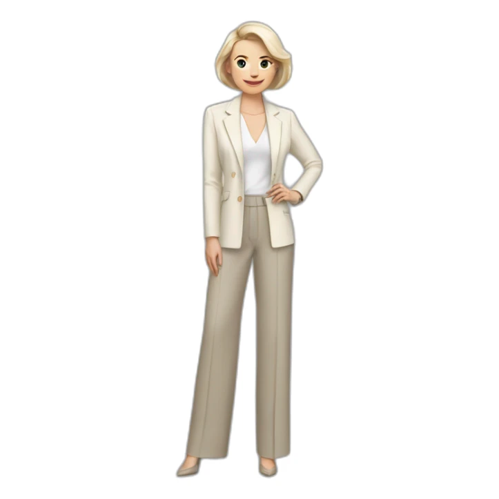 Full height Actively gesturing with hands pale skin woman with ash blonde Straightened bob Hair, White Spacious classical jacket, beige palazzo Arrow pants and gray blouse sticker