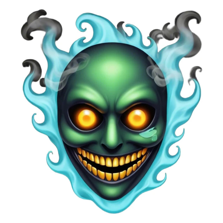 A mischievous entity with a half-melted mask, glowing void eyes, and a smoke-like body, shadow jester sticker