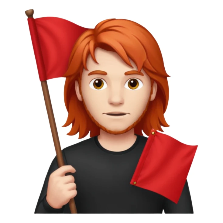 red head man with long hair holding red flag sticker