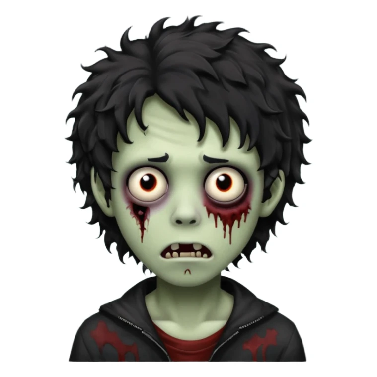 Boy, zombie, black and curly hair, medium long, emo, shaggy, dark, spooky, creepy expression sticker