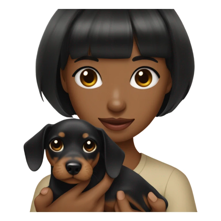 black neat bangs chinese girl holding a black and tan dachshund  sticker