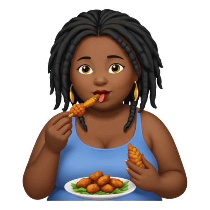 Fat black lady with black dreadlocks eating a small chicken wing sticker