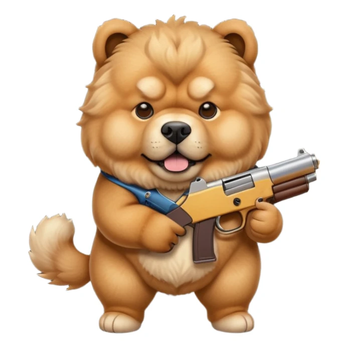 Funny realistic-style chow chow dog with light fur standing on its hind legs and holding a gun menacingly sticker
