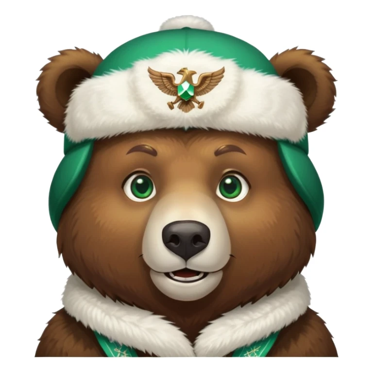 Cheerful brown bear head with emerald green eyes wearing white winter ushanka hat with double-headed eagle symbol centered, Russian themed sticker