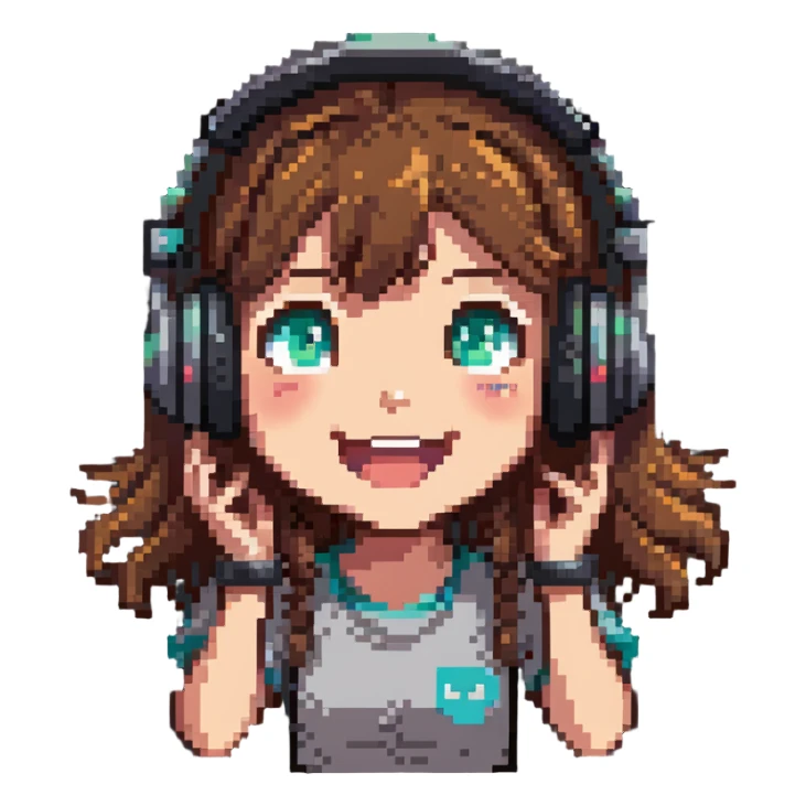 brown-haired gamer girl, excited expression, headphones, head only, emote sticker