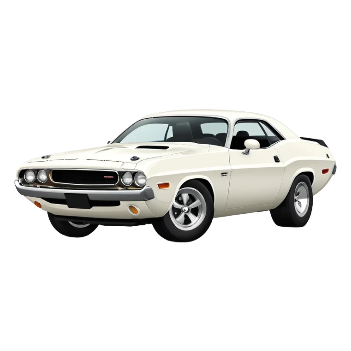 All-white 1971 Dodge Challenger from Tarantino's Death Proof, stylized iOS emoji look, clean white finish, iconic muscle car silhouette, simplified details sticker