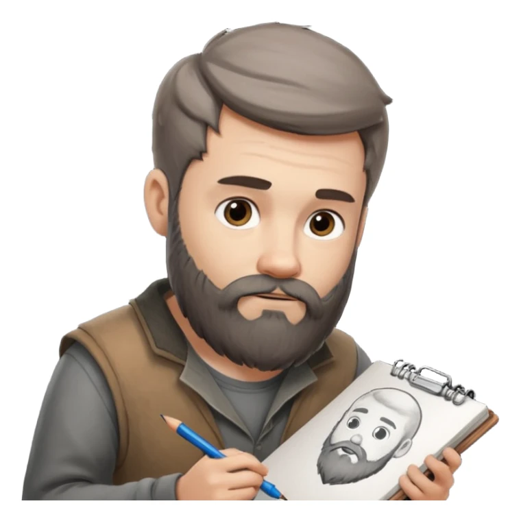 Bearded man  drawing boy character with charcoal in sketchbook sticker