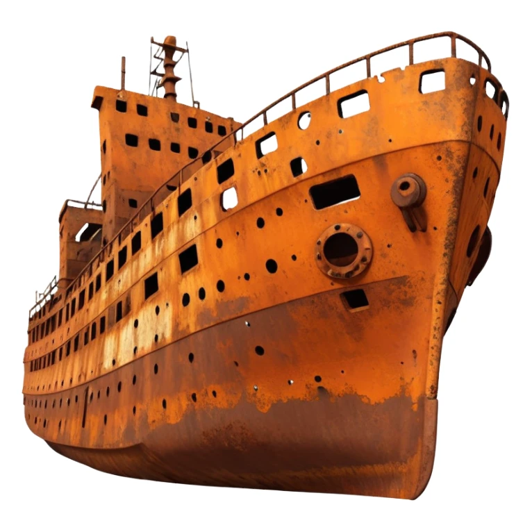 rusted ship wreck, heavily corroded metal hull, orange-brown rust textures, abandoned old ship, weathered surface, dramatic lighting, cinematic atmosphere, 3D cartoon style, mobile game environment art, clean composition, no people, no text, no watermark
 sticker
