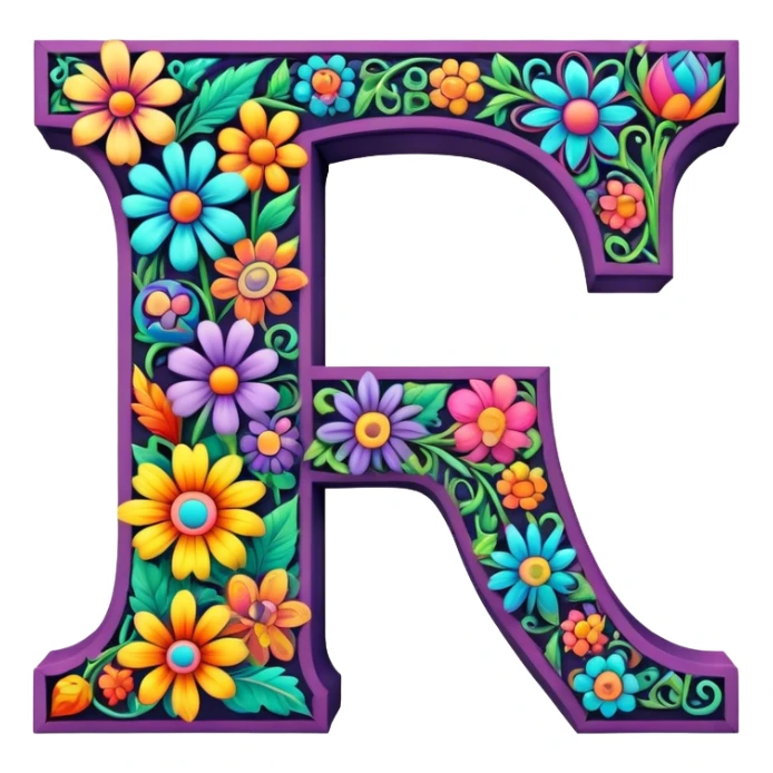 3D, gothic style psychedelic colored Letter T with hippie style flower border sticker