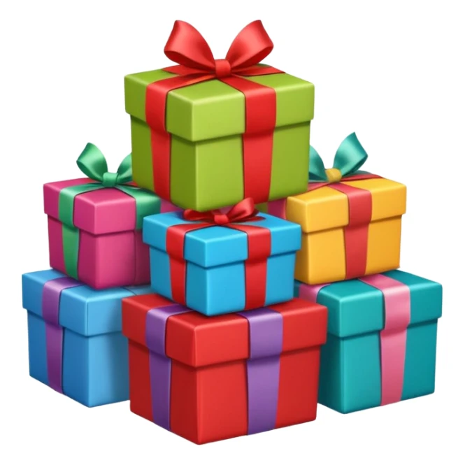 five gift boxes stacked in a pile, each gift box a different color, cute and bright, apple standard emoji style sticker
