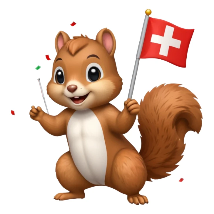 squirrel with a Swiss flag, confetti explosion, emoji style sticker