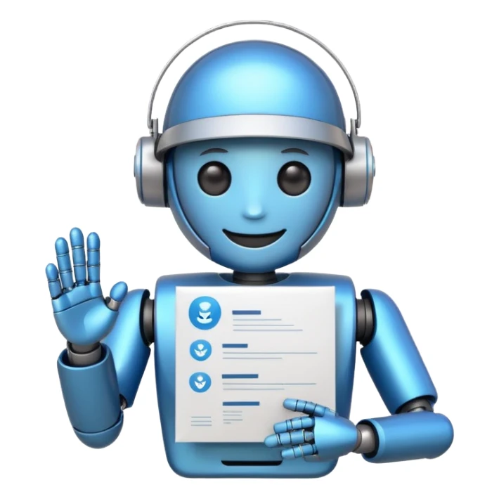 cute recruiter robot emoji, flat, smiling, holding a resume sticker