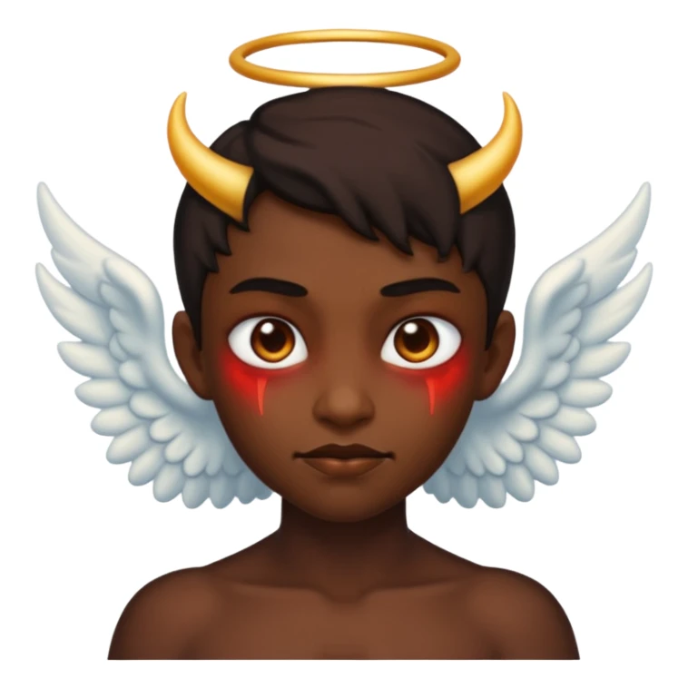 apple emoji style half demon half angel with one side light and the other dark each with respective features sticker