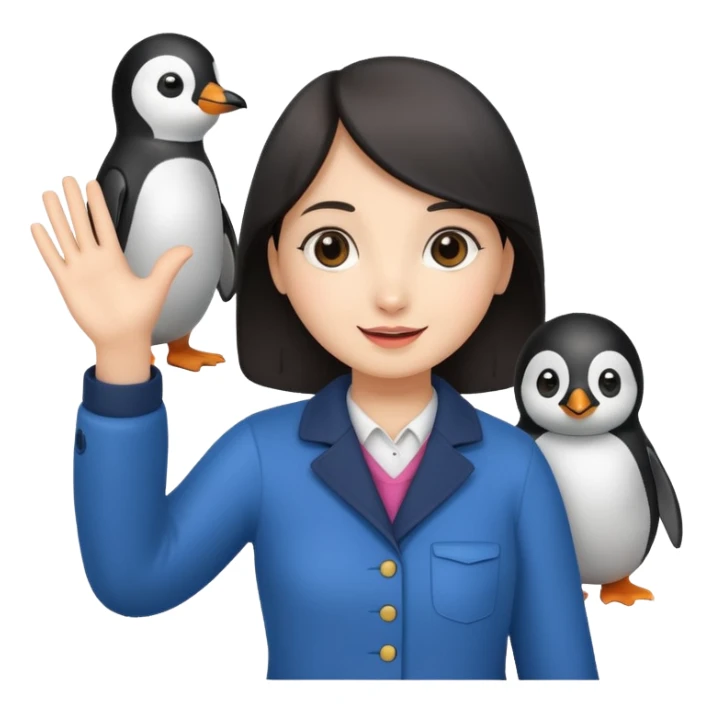 Girl waving hello while holding a penguin sticker