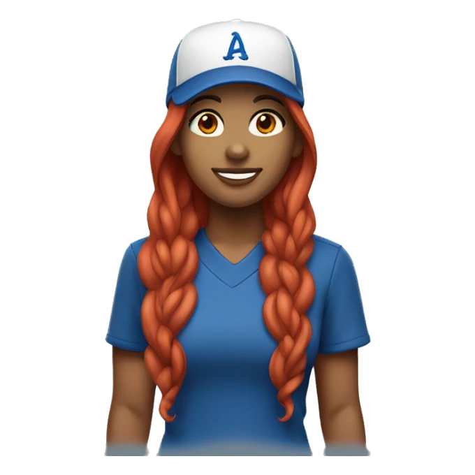 front facing standing up female coach with long red hair, wearing a white t-shirt and a simple baseball blue hat sticker