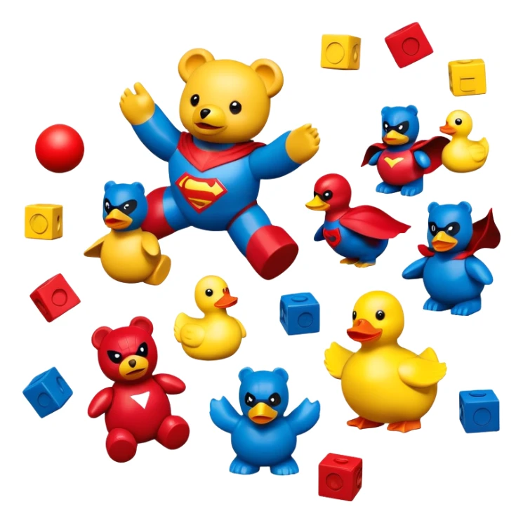 various colorful toys scattered together - teddy bear, rubber duck, toy blocks, ball, and action figures sticker