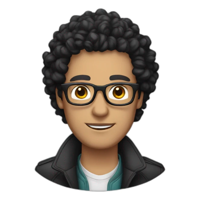 white man with curly black hair, glasses, a jacket and a necklace sticker